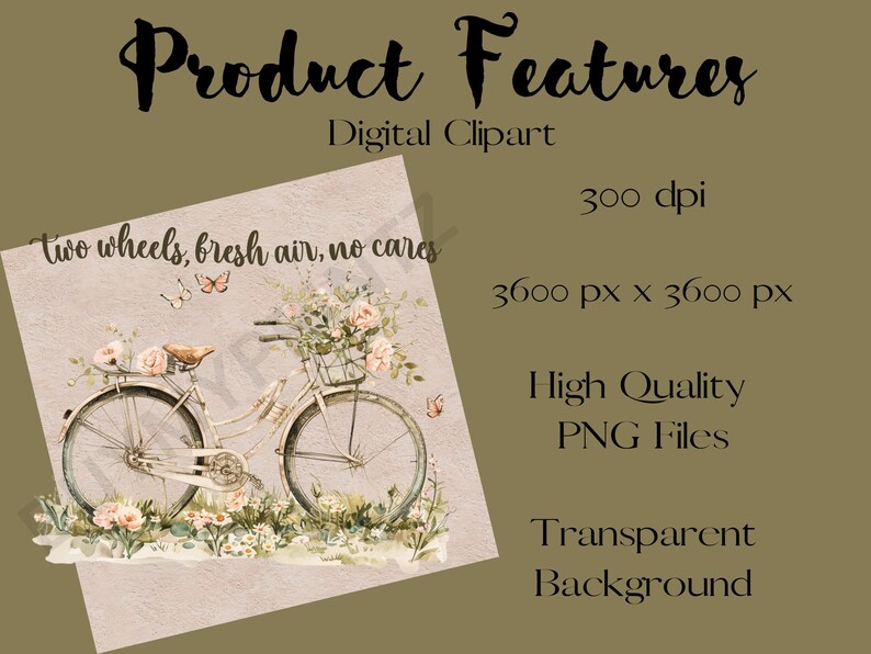 May include: A watercolor illustration of a bicycle with a basket full of pink flowers. The bicycle is surrounded by green foliage and butterflies. The text "two wheels, fresh air, no cares" is written at the top of the image.