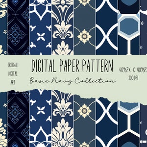 May include: A set of 10 digital paper patterns in a navy blue color scheme. The patterns include geometric shapes, floral designs, and nautical motifs. The patterns are 4096 pixels by 4096 pixels and 300 DPI.