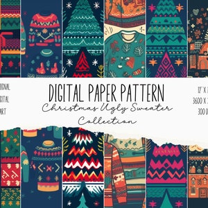 Ugly Christmas Sweater Digital Paper, Ugly Sweaters PNG, Christmas Background, Tacky Sweaters, Holiday Scrapbook, Winter Sweater PNG, 12x12