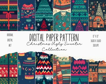 May include: A set of 12 digital paper patterns featuring Christmas-themed ugly sweater designs. The patterns are 12 inches by 12 inches and 300 DPI. The patterns include a variety of colors and designs, including red, green, blue, and white. The patterns are perfect for creating holiday crafts, scrapbooking, and other creative projects.