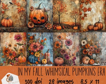 In My Fall Whimsical Pumpkins Era Sheets, 28 Mixed Media Watercolor Junk Journal, PNGs, Printable Paper, Digital Download Scrapbook, CU