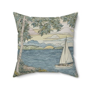 Sailboat on Ocean Pillow William Morris Inspired Design, Summer Vibes Coastal Pillow, Nautical Decor, Marine Home Decor, Beach house Decor