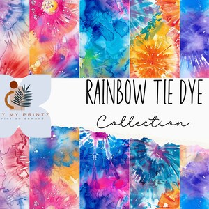 Peut inclure: Une collection de motifs tie-dye colorés dans des tons de rose, bleu, orange et violet. Les motifs rappellent un arc-en-ciel et sont parfaits pour les tissus, les papiers peints ou d'autres projets créatifs. Le texte "RAINBOW TIE DYE Collection" est affiché sur un fond blanc.