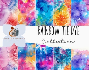 May include: A collection of colorful tie dye patterns in shades of pink, blue, orange, and purple. The patterns are reminiscent of a rainbow and are perfect for fabric, wallpaper, or other creative projects. The text "RAINBOW TIE DYE Collection" is displayed on a white background.
