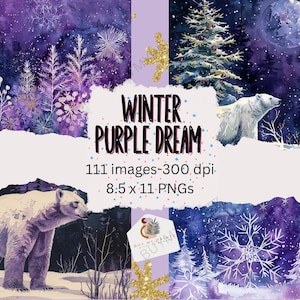 In My Winter Purple Dream Era Sheets, 111 PNG Graphics, Whimsical Winter Christmas, Purple, Whimsy Snow Scape, Digital Art, Junk Journal, CU