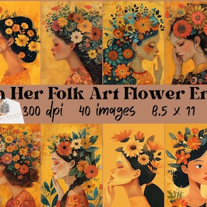 In Her Folk Art Flower Era Photos of Women and Girls with Flowers, digital junk journal ephemera, printable antique photos, scrapbook kit CU