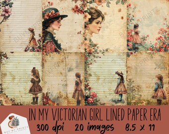 In My Victorian Girl Lined Paper Era, Vintage Rustic Shabby Chic, 8.5 x 11 Junk Journal Pages, Scrapbooking, Card Making, Crafts, Collage