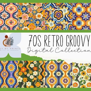 Juego de papel digital con 2 patrones retro Groovy, patrón hippie retro de los años 70, estampados florales de los años 70, fondo floral retro, álbum de recortes, diario basura