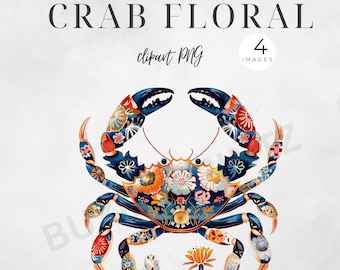 Crab with Floral Pattern on Shell PNG Clipart Boho Floral Crab Sublimation Vintage Sea Life Digital Download Coastal MD Crab Painted Shell