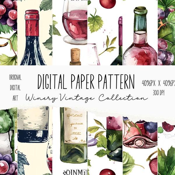 Vintage Winery Digital Paper Set, Grapevines Pattern, Vineyard Pattern, White Red Grapes on Vine Background, Scrapbook, Junk Journal, 12x12
