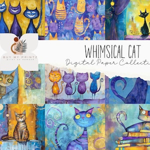 Papier numérique de chats fantaisistes pour le journal indésirable, téléchargements PNG pleine page, cartes, fournitures de scrapbooking, or, numériques, fond fantaisiste imprimable