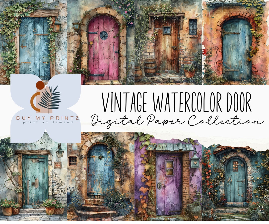 Rustic Watercolor Doors Background Papers, 32 Old Door Illustrations ...