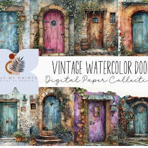 Rustic Watercolor Doors Background Papers, 32 Old Door Illustrations, Commercial Use, Junk Journals, Digital Download, Scrapbook, 8.5&quot;x11&quot;