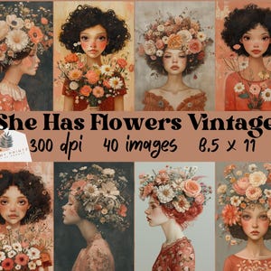 In Her Vintage Flower Era Photos of Women and Girls with Flowers, digital junk journal ephemera, printable antique photos, scrapbook kit, CU