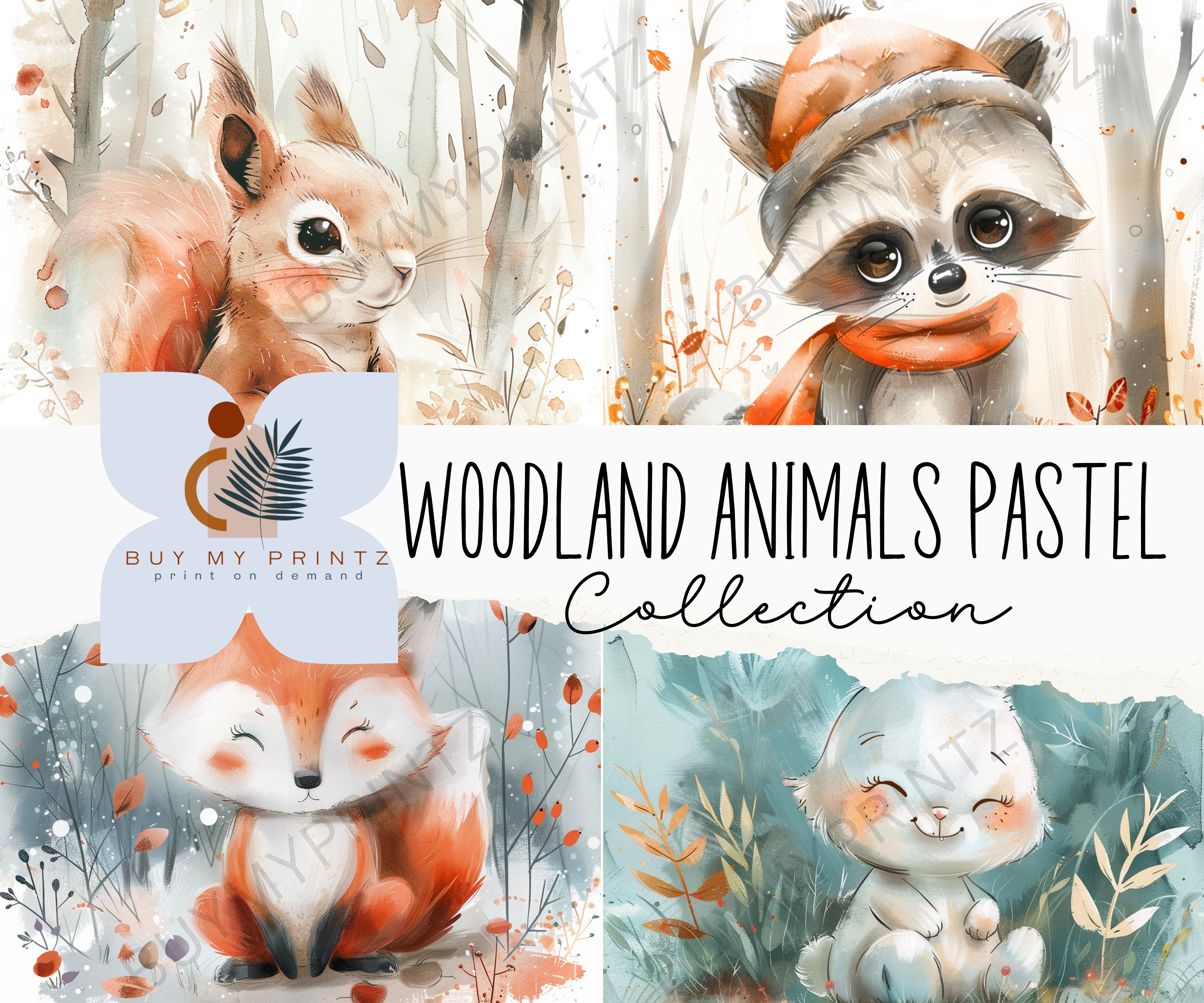 12 Pastel Woodland Forest Animal Paper Set, Instant Download, Printable ...