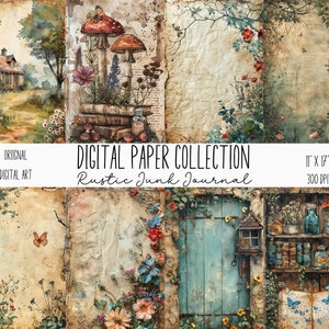 Rustic Junk Journal Background Papers, Whimsical & Floral Digital Download Paper Set, Scrapbook, PNG, 11 x 17, DIY Card Making Pack, CU