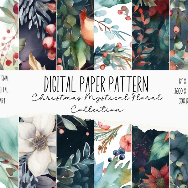 Christmas Mystical Floral Digital Paper, Xmas Floral Pattern PNG, Christmas Background, Holiday Scrapbook, Winter Junk Journal, 12x12 Floral