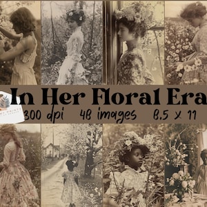In Her Floral Era Vintage Photos of Women and Girls with Flowers, digital junk journal ephemera, printable antique photos, scrapbook kit, CU