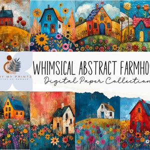 Páginas de arte imprimibles de la época de mi granja abstracta y caprichosa, descarga digital, casas de técnica mixta con papel extravagantes, creación de tarjetas con diario basura