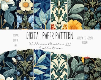 William Morris III Inspired Digital Paper, Printable Decoupage, Decorative Paper, Junk Journal Kit, Digital Paper Pattern, Collage Paper Art