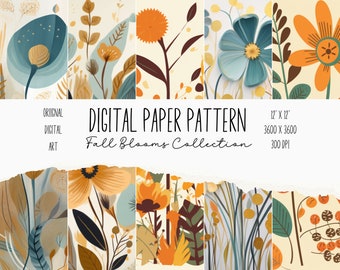 25 Fall Floral Blooms Digital Paper Set, Fall Blooms Pattern, Autumn Flowers, Fall Clipart,  Watercolor Background, Scrapbook, Junk Journal