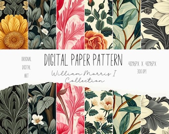 May include: A digital paper pattern collection featuring floral designs inspired by William Morris. The patterns include a variety of flowers, leaves, and vines in shades of pink, green, yellow, and white. The patterns are 4096 pixels by 4096 pixels and 300 DPI.