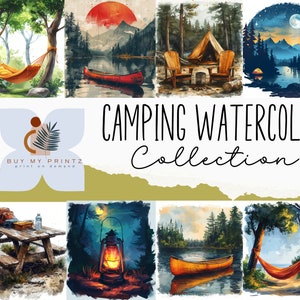 Paquete de ilustraciones de camping en acuarela, gráficos PNG de aventura rústica al aire libre, carpa para fogata vintage, imágenes prediseñadas de naturaleza pintada, descarga digital