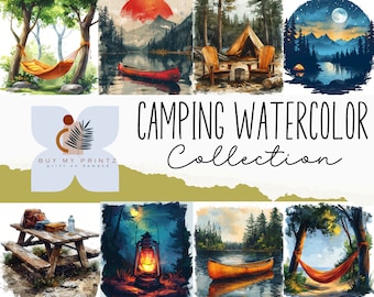 Watercolor Camping Illustrations Bundle Rustic Outdoor Adventure PNG Graphics Vintage Campfire Tent Clipart Painted Nature Digital Download