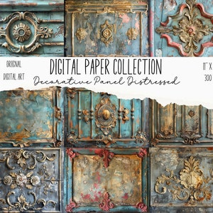 以下が含まれることがあります： 金と青の装飾的なデザインが施された、9つのディストレス加工された装飾パネルのデジタルペーパーコレクション。パネルは28cm x 21.6cmで、300 DPIです。