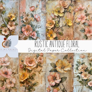 Rustic Antique Floral Junk Journal Background Papers, Whimsical Digital Download Set, Scrapbook, PNG, 11 x 17, DIY Card Making Pack, CU