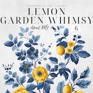 Blue Floral Lemons Digital Border Flower Lemon PNG Clipart Portuguese Azulejo Watercolor Download Mediterranean Transparent Background CU