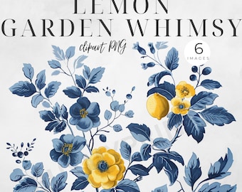 Blue Floral Lemons Digital Border Flower Lemon PNG Clipart Portuguese Azulejo Watercolor Download Mediterranean Transparent Background CU