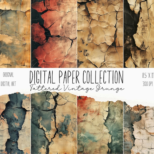 Tattered Vintage Grunge Paper Pack, 24 artistic cracked textures 8.5" x 11", Digital Art Download, Junk Journals, Scrapbook, Commercial Use