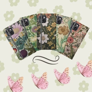20 Wallet Flip Phone Case with Card Holder for iPhone 13 12 11, 10, Samsung S22 S21, Cottagecore Pattern, Botanical Floral, Forestcore