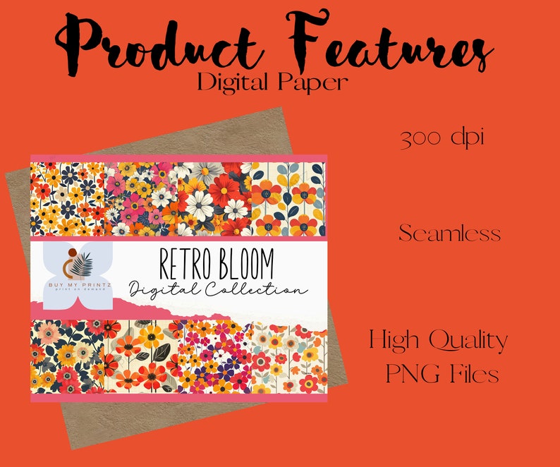 Retro Bloom Floral Pattern Digital Paper Set, Retro 70s Hippie Pattern ...