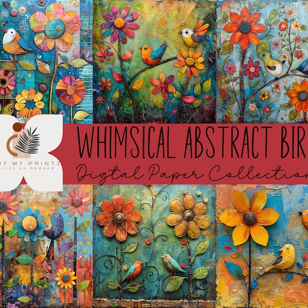 Colorful Whimsical Spring Birds Printable Sheets, Mixed Media Digital Art, Junk Journal Printable Cards Digital Download Commercial Use