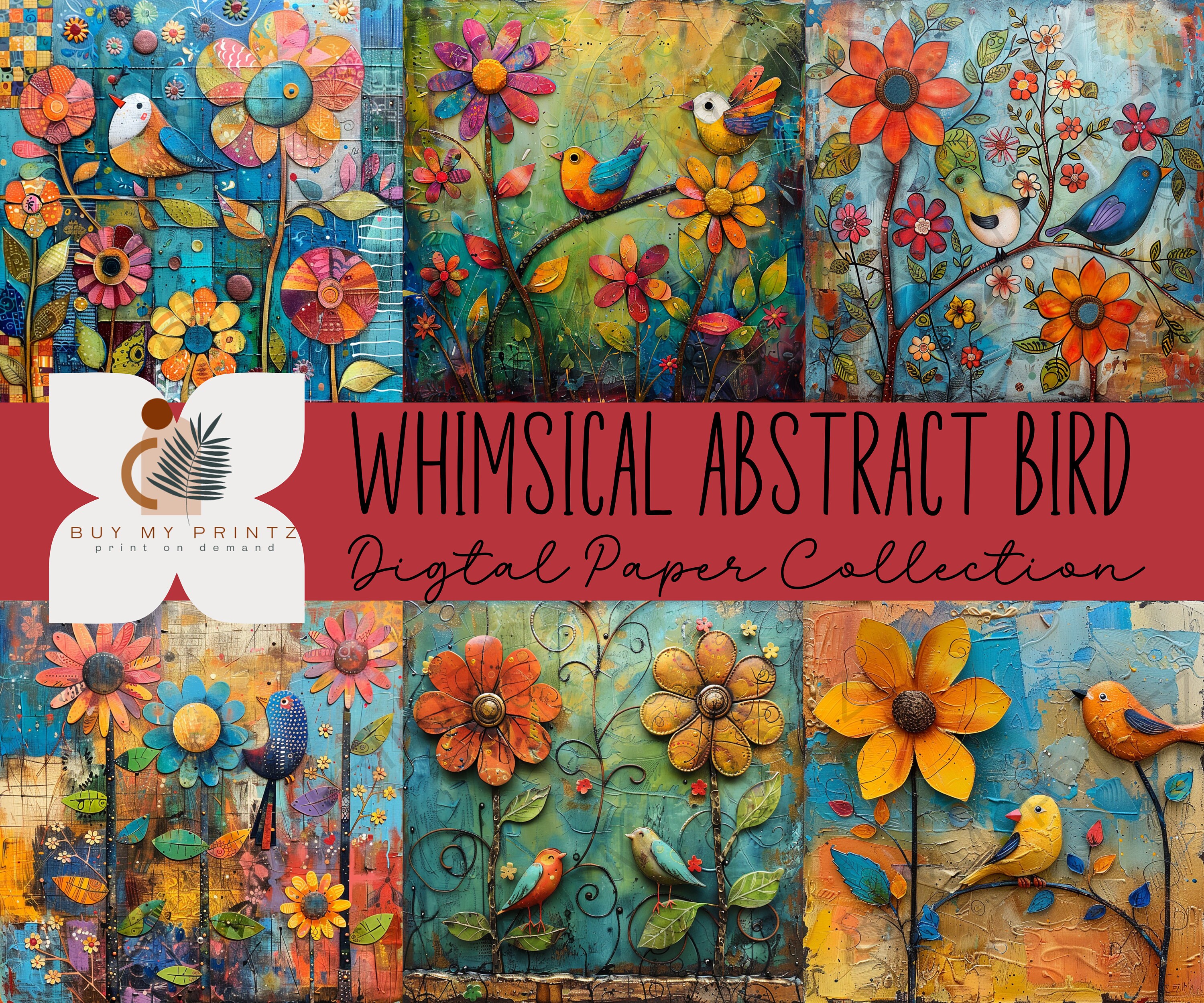 Colorful Whimsical Spring Birds Printables Mixed Media Bird Junk Journal Pages Floral Bird Digital Background Springtime Nature Download