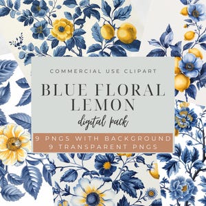 Blue Floral Lemons Digital BorderPaper Lemon PNG Clipart Portuguese Azulejo Watercolor Download Mediterranean Transparent Background CU