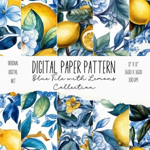 Blue Tile and Lemons Digital Scrapbook Paper and Clip Art, Portuguese Azulejo Watercolor Inspired, Mediterranean Ceramic Tiles, Seamless PNG