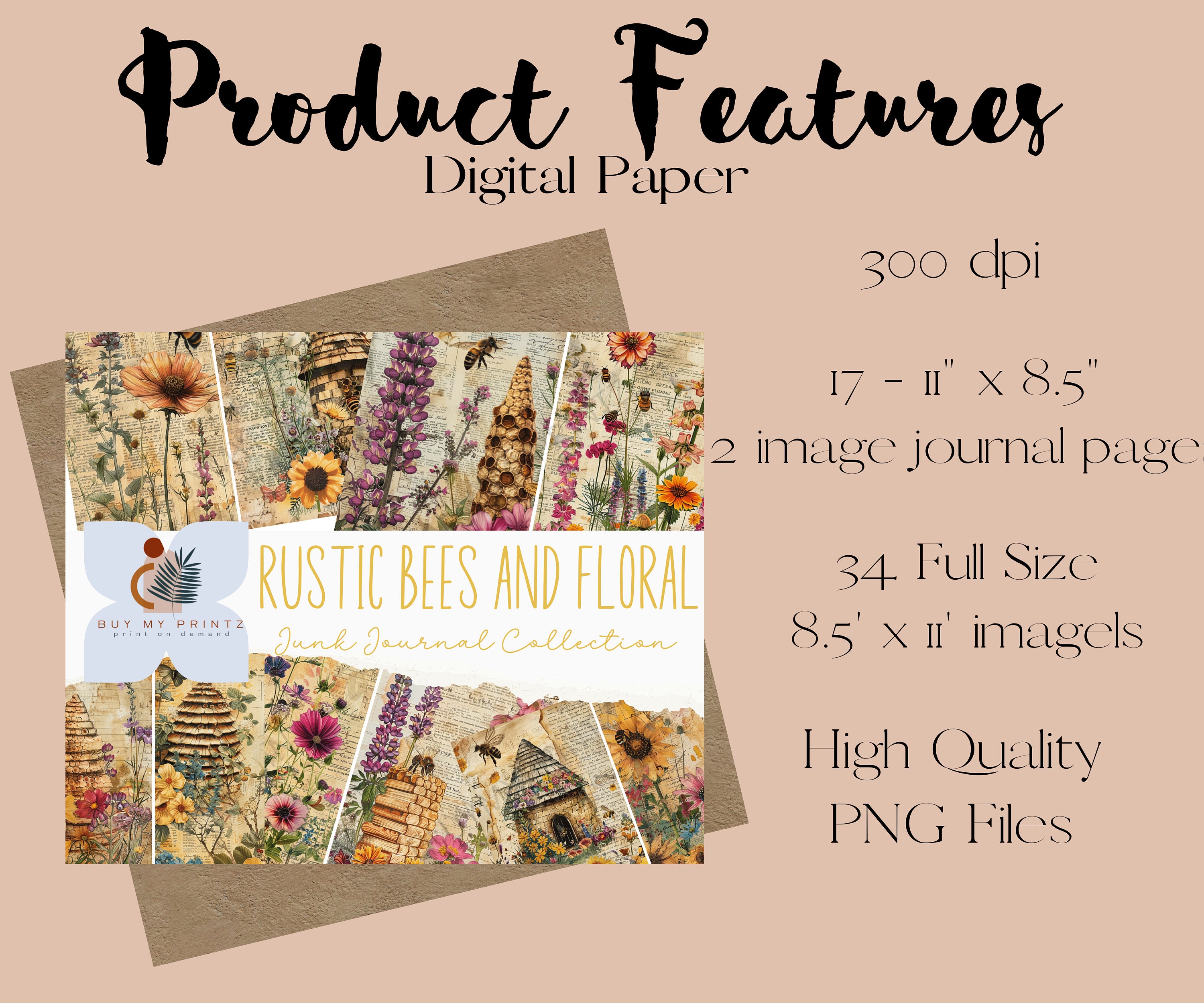 Rustic Bees and Flowers Junk Journal Set, Digital Paper for ...