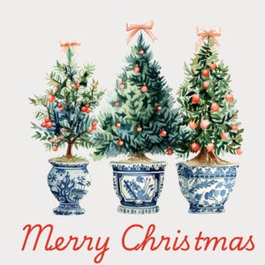 Arbres de Noël à feuilles persistantes PNG, carte de Noël BCBG joyeux Noël, clipart chinoiserie, Noël du Sud, téléchargement immédiat de vacances, CU