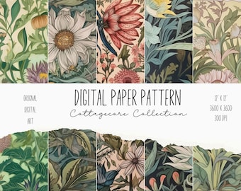 Cottagecore Digital Paper Set, Forestcore Pattern, Botanical Floral Pattern, Cottagecore Background, Scrapbook, Junk Journal, 12 x 12