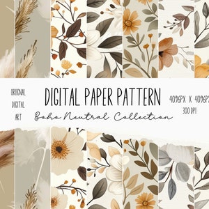 Neutral Boho Digital Paper Set, Beige Floral Pattern, Vintage Prints, Boho Pattern Background, Scrapbook, Bohemian Junk Journal, Download