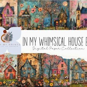 Nelle mie pagine d'arte stampabili dell'era Whimsical Houses, download digitale, case coloniche con supporti misti in carta digitale eccentrica, creazione di biglietti d'arte con diario spazzatura