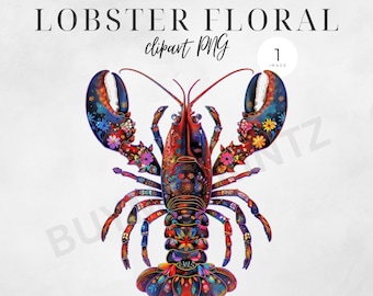 Coastal Boho Lobster PNG Printable Bohemian Lobster Digital Art Lobster Clipart with Flowers Beachy Floral Lobster Sublimation Transparent