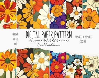 Hippie Wildflower Digital Paper Set, Retro 70s Hippie Pattern, Downloadable Floral Prints, Retro Floral Background, Scrapbook, Junk Journal