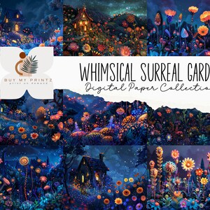 Whimsical Painterly Surreal Garden Full Page PNG Downloads, Colorful Flowers Junk Journal Scrapbook Digitals, Printable Whimsy Background CU