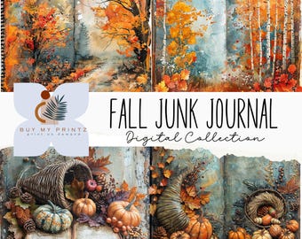 May include: Digital collage sheets featuring fall foliage, a cornucopia, and pumpkins. The text "FALL JUNK JOURNAL Digital Collection" is displayed on the image.