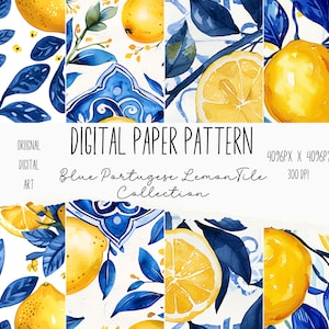 Blue Tile and Lemons Digital Scrapbook Paper and Clip Art, Portuguese Azulejo Watercolor Inspired, Mediterranean Ceramic Tiles, Seamless PNG