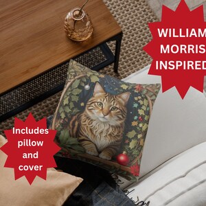 Xmas William Morris Inspired Pillow, Cat in a Christmas Floral Pillow, Christmas Cottagecore Pattern, Forestcore, Cat Lover Pillow, Decor